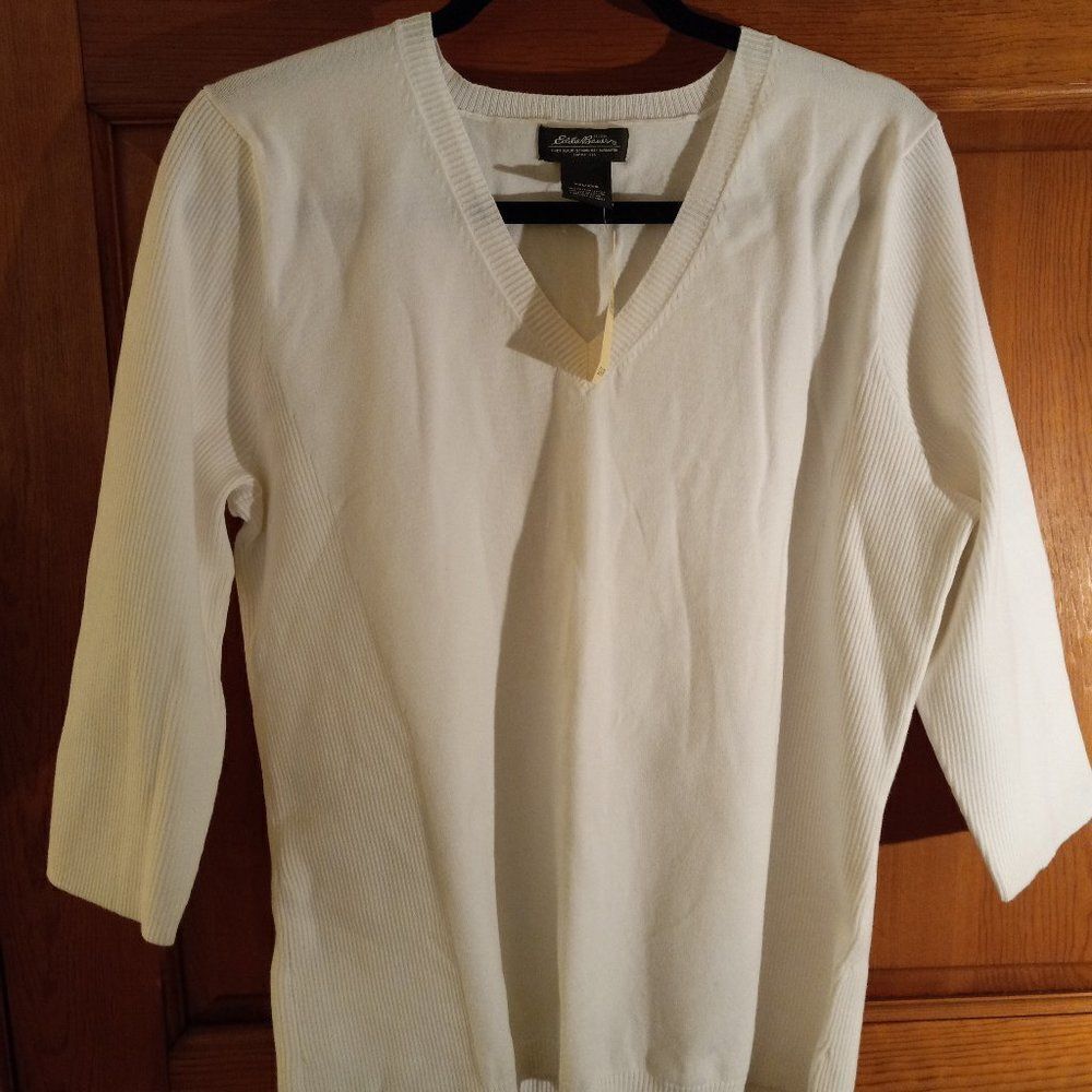 NWT Eddie Bauer Women's 3 Qtr V NeckCotton Blend White Sweater